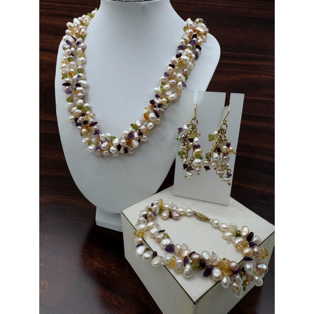 14k Gold Pearl & Gemstone Multi Strand Necklace Bracelet Earring Set Pearlcore